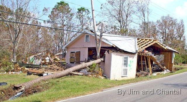 Trees, debris tangle home at roadside, S. Hancock Co., MS