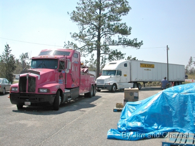  Pink Panther tow-truck pulls semi from ditch at POD 58.   Accident temporarily delayed distribution of water.