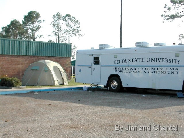  Temporary Emergency Dispatch Center in Hancock Co.   Mississippi.  Mobile unit from Bolivar Co. EMA was staffed   by local dispatchers and Florida ham radio operators   via Florida SERT (State Emergency Response Team).